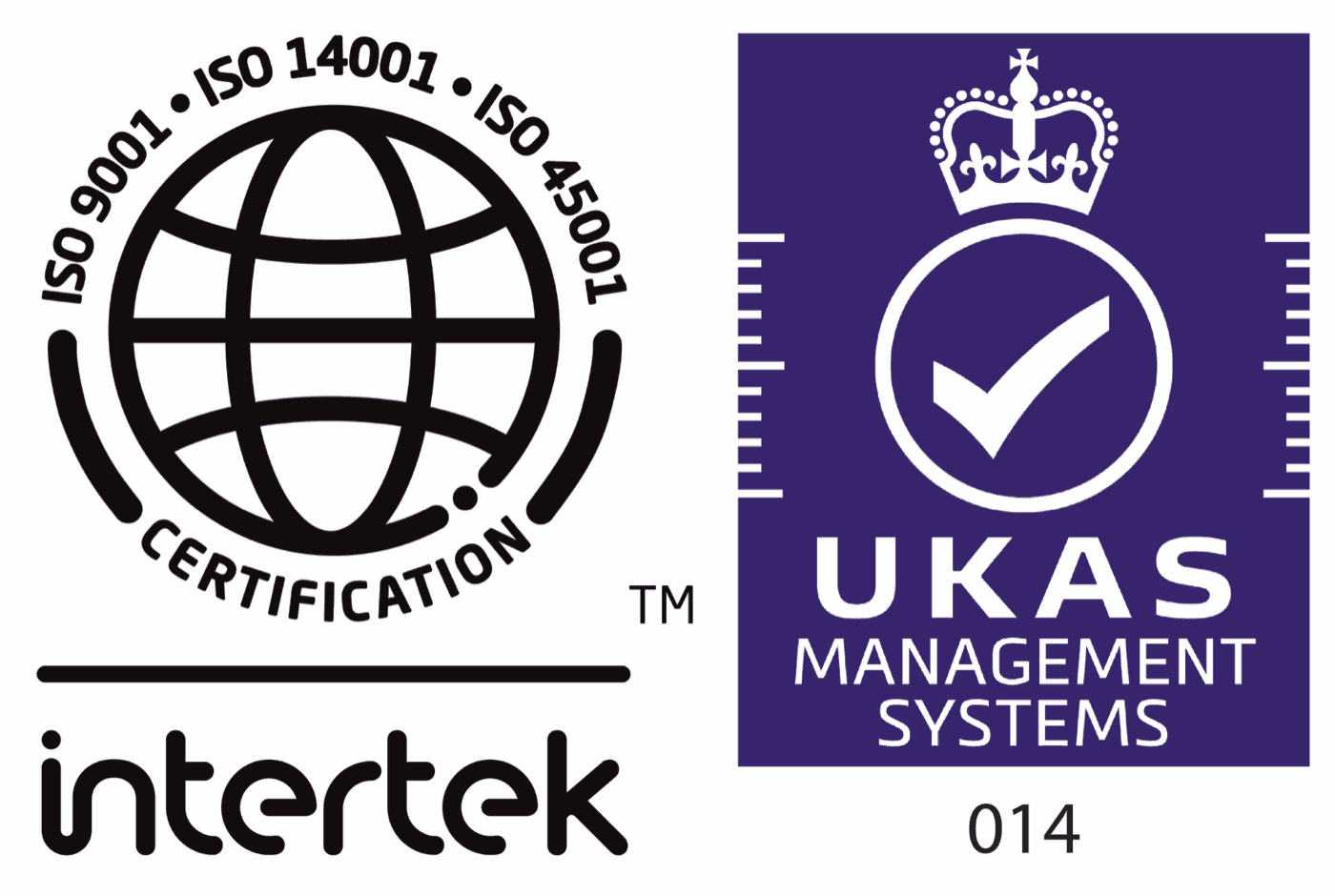 Intertek certification mark for ISO 9001, ISO 14001 and ISO 45001, shown with the UKAS Management Systems accreditation symbol, schedule no. 0014